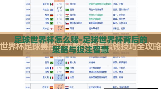 足球世界杯怎么赌-足球世界杯背后的策略与投注智慧