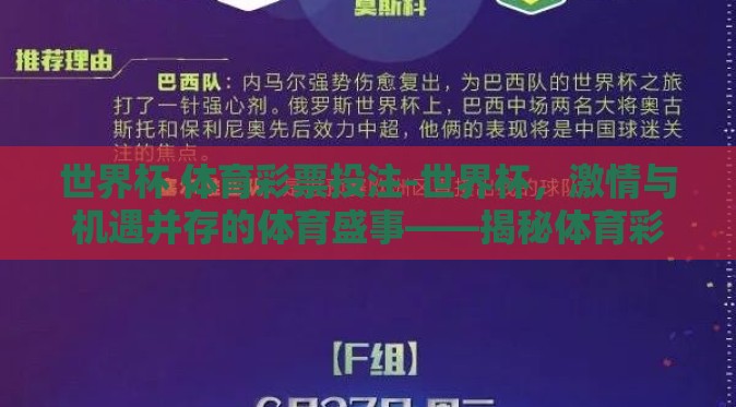 世界杯 体育彩票投注-世界杯，激情与机遇并存的体育盛事——揭秘体育彩票投注的乐趣与策略