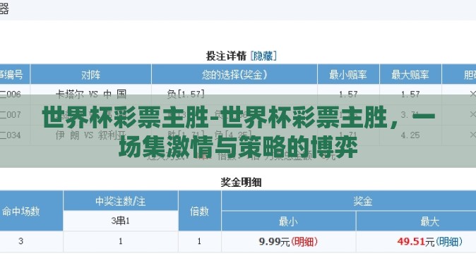 世界杯彩票主胜-世界杯彩票主胜，一场集激情与策略的博弈