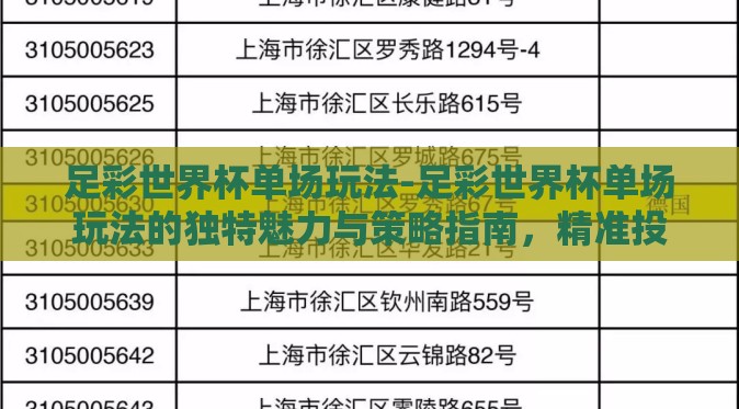 足彩世界杯单场玩法-足彩世界杯单场玩法的独特魅力与策略指南,精准投注的技巧与深挖 足彩世界杯单场玩法-足彩世界杯单场玩法的独特魅力与策略指南,精准投注的技巧与深挖