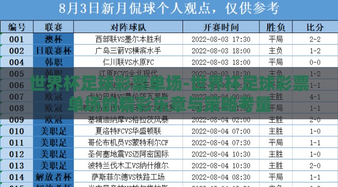 世界杯足球彩票单场-世界杯足球彩票单场的精彩乐章与策略考量